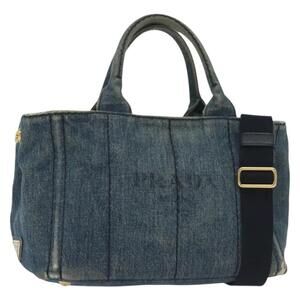 PRADA Canapa PM Hand Bag Denim Blue Gold